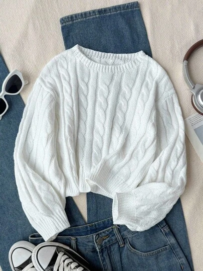 Sparklyn 1pc Women's Pullover Sweater, Classic Cable Knit Texture, Casual Minimalist Style, Regular Long Sleeve, Regular Thickness, Soft & Comfortable, Solid Color, Clean & Fashionable, Versatile For Daily Wear, Outdoor Activities, School, Autumn/Winter Loose Knit Sweater Cropped Sweater Tween Girl Clothes Sweaters Teen Girl Tops Aesthetic Solid Color Sweater White For Kid Clothes  White Sweater Teen Girl Sweater Cable Knit Sweater