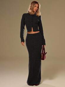 SHEIN BAE Women's Elastic Waist Mermaid Maxi Knit Skirt,Spring Sweaters, Everyday Casual Wear. - Dark Grey - View 1