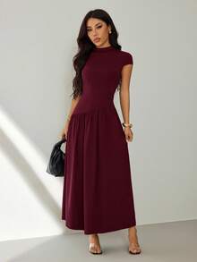 SHEIN PETITE 女式纯色立领长袖连衣裙 - 中紫紅色 - 查看 9