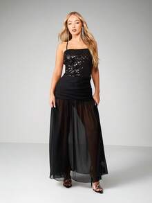 MISSGUIDED Sequined Halter Neck Bodycon Maxi Dress With Sheer Mesh Skirt Ruched Waist Evening Formal Gown - Black - View 1