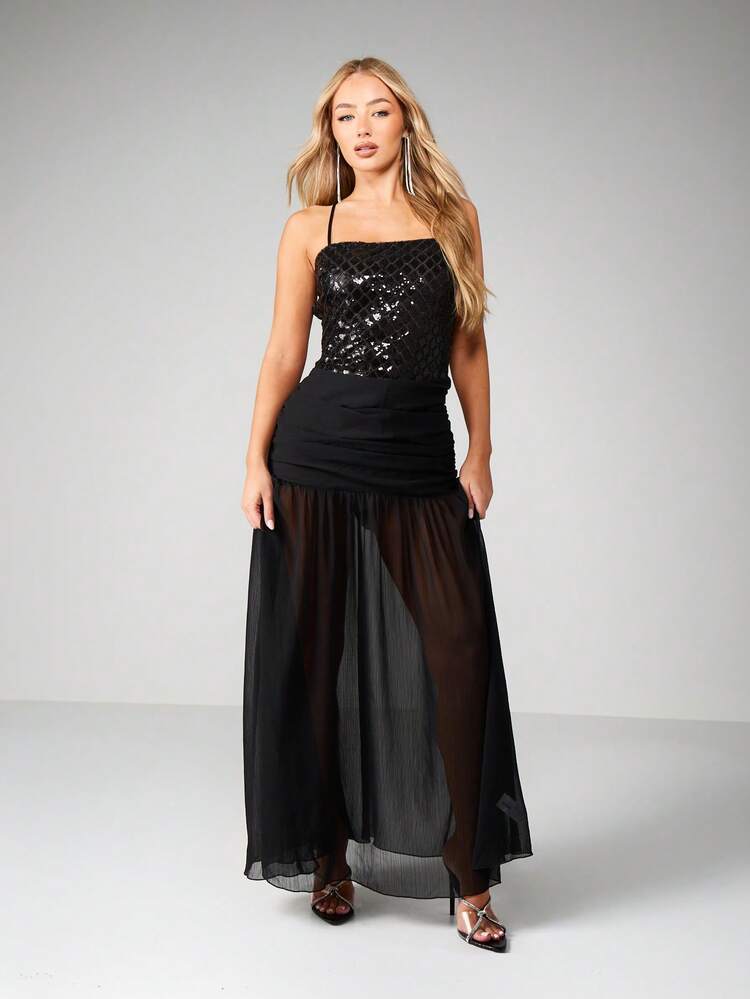 MISSGUIDED Sequined Halter Neck Bodycon Maxi Dress With Sheer Mesh Skirt Ruched Waist Evening Formal Gown