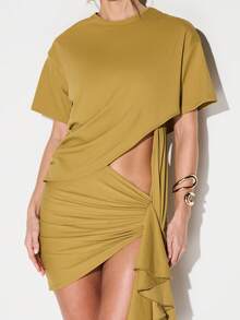 KIZN Mustard Cut-Out Mini Dress With Twisted Drape Detail And Short Sleeves - Army Green - View 3