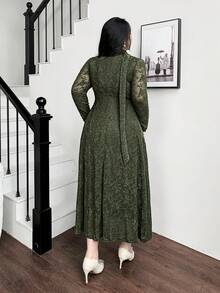 Feyla 大码女式优雅法式V领系腰连衣裙 - 墨綠色 - 查看 2