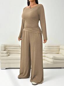 Solflare 2 Pieces Textured Plus Size Khaki Solid Color Slim Fit Casual Outfit, Stylish Daily Wear - Khaki - View 6