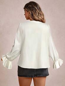 Freevana Blusa de moda con volantes y mangas acampanadas de unicolor para mujer de talla grande - Albaricoque - Ver 2