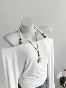 SHEIN Unity 黑色串珠装饰露肩长袖宽松上衣，优雅简约的设计，适合工作、约会、派对、休闲穿着，适合秋冬季 - 白色 - 查看 1