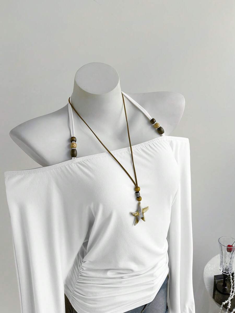 SHEIN Unity 黑色串珠装饰露肩长袖宽松上衣，优雅简约的设计，适合工作、约会、派对、休闲穿着，适合秋冬季 - 白色 - 查看 1