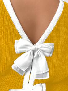 Elenzga 大码女式休闲蝴蝶结圆领长袖毛衣，秋冬 - 黃色 - 查看 5