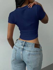 SHEIN EZwear 休闲简约学院风纽约NY标志印花V领褶皱T恤女款，适合夏季、返校季、学院风、老钱风返校季 - 藏蓝色 - 查看 3