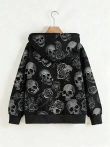 SHEIN 秋季服装外套女式连帽拉链运动衫夹克，带有酷炫的骷髅图案，街头风格；冬季服装女式连帽长袖运动衫，醒目的设计，适合所有肤色、户外和运动 - 黑色 - 查看 2