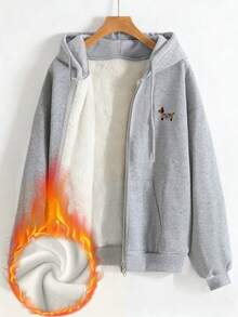 INAWLY 碎花灰色连帽腊肠犬卫衣女款卫衣，秋冬新款韩版宽松休闲风外套。碎花灰色抓绒加厚连帽卫衣。重磅拉链连帽卫衣女款卫衣，秋冬新款韩版宽松卡通狗狗连帽外套。 - 淺灰色 - 查看 1