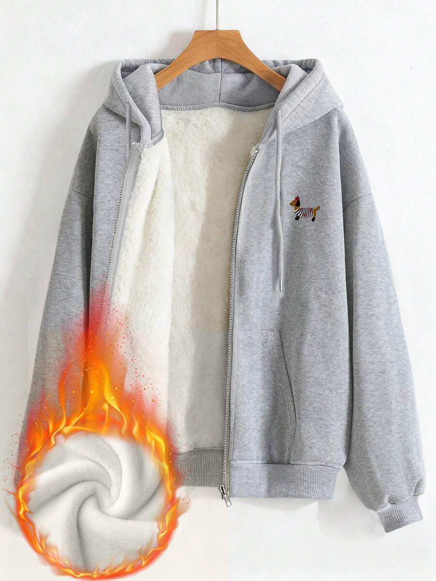 INAWLY 碎花灰色连帽腊肠犬卫衣女款卫衣，秋冬新款韩版宽松休闲风外套。碎花灰色抓绒加厚连帽卫衣。重磅拉链连帽卫衣女款卫衣，秋冬新款韩版宽松卡通狗狗连帽外套。 - 淺灰色 - 查看 1