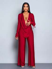 SOLERSUN 女士新款优雅深垂领长袖上衣和阔腿裤两件套服装，褶饰派对裤套装，女士两件套服装，节日晚装 - 酒紅色 - 查看 3