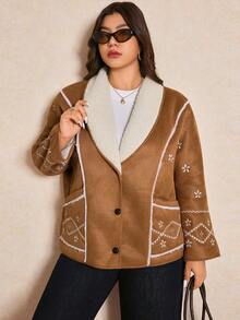 Elaquor Plus Size Women Floral Embroidered Long Sleeve Casual Thermal Lined Jacket, Autumn/Winter Fall/Winter - Camel - View 3