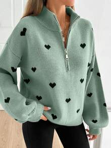 SHEIN Tall Suéter casual feminino alto com estampa de coração e zíper, outono e inverno - Menta verde - Ver 6
