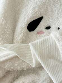 SHEIN 2 件套女婴卡通动物狗刺绣连帽毛绒运动衫和黑白条纹毛绒狗图案裤子套装，适合秋冬户外的可爱休闲装 - 黑與白 - 查看 8