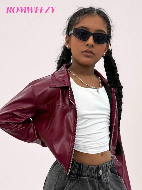 SHEIN Teenager Mädchen einfarbige PU-Leder Reißverschluss-Jacke, Herbst