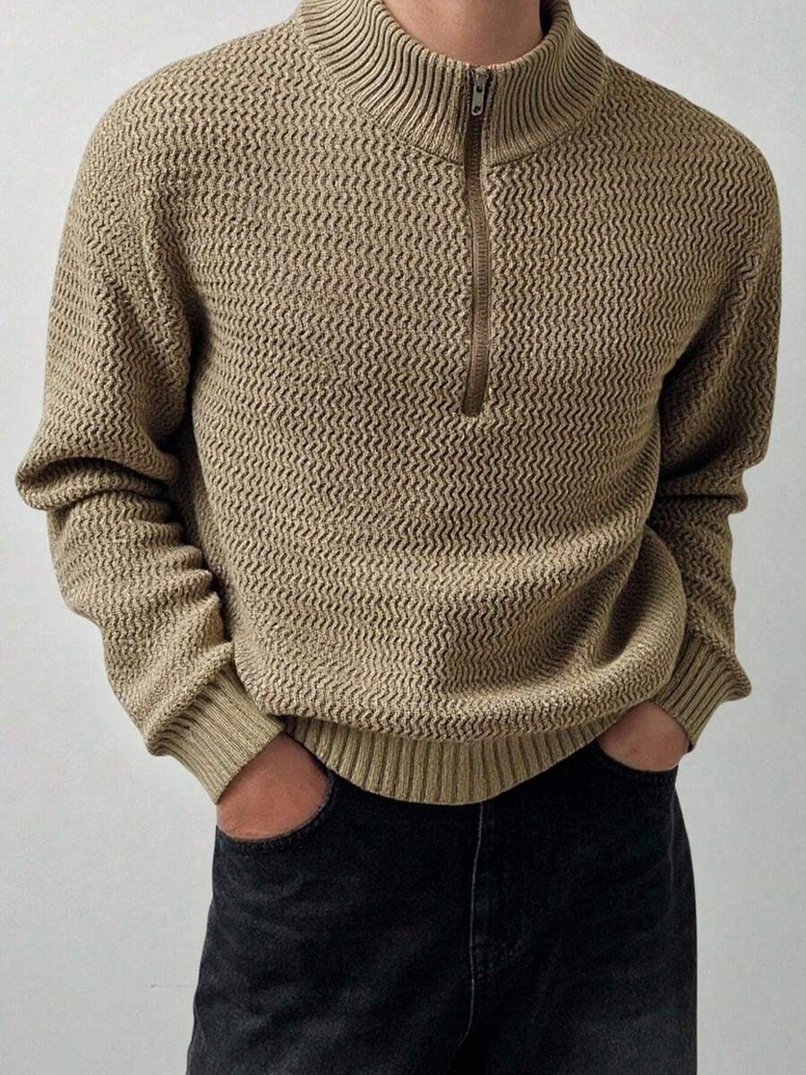 Claim Dot Men's Casual Solid Color Stand Collar Sweater, Autumn/Winter Earthy Men Knitwear Beige Knit Wear - Camel - View 1
