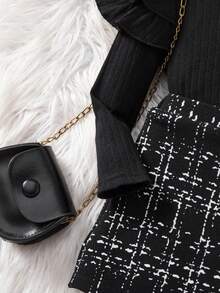 SHEIN Babygirl 休闲可爱针织长袖上衣和格子短裤两件套 - 黑色 - 查看 4