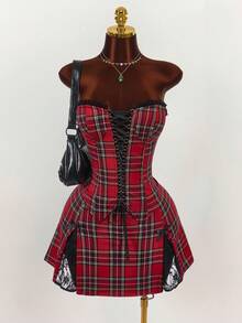 Y2K Amplova Christmas Punk Plaid Vibe Crop Top And Low Waist Mini Skirt Set For Women , Autumn/Winter Thanksgiving And New Year - Multicolor - View 4