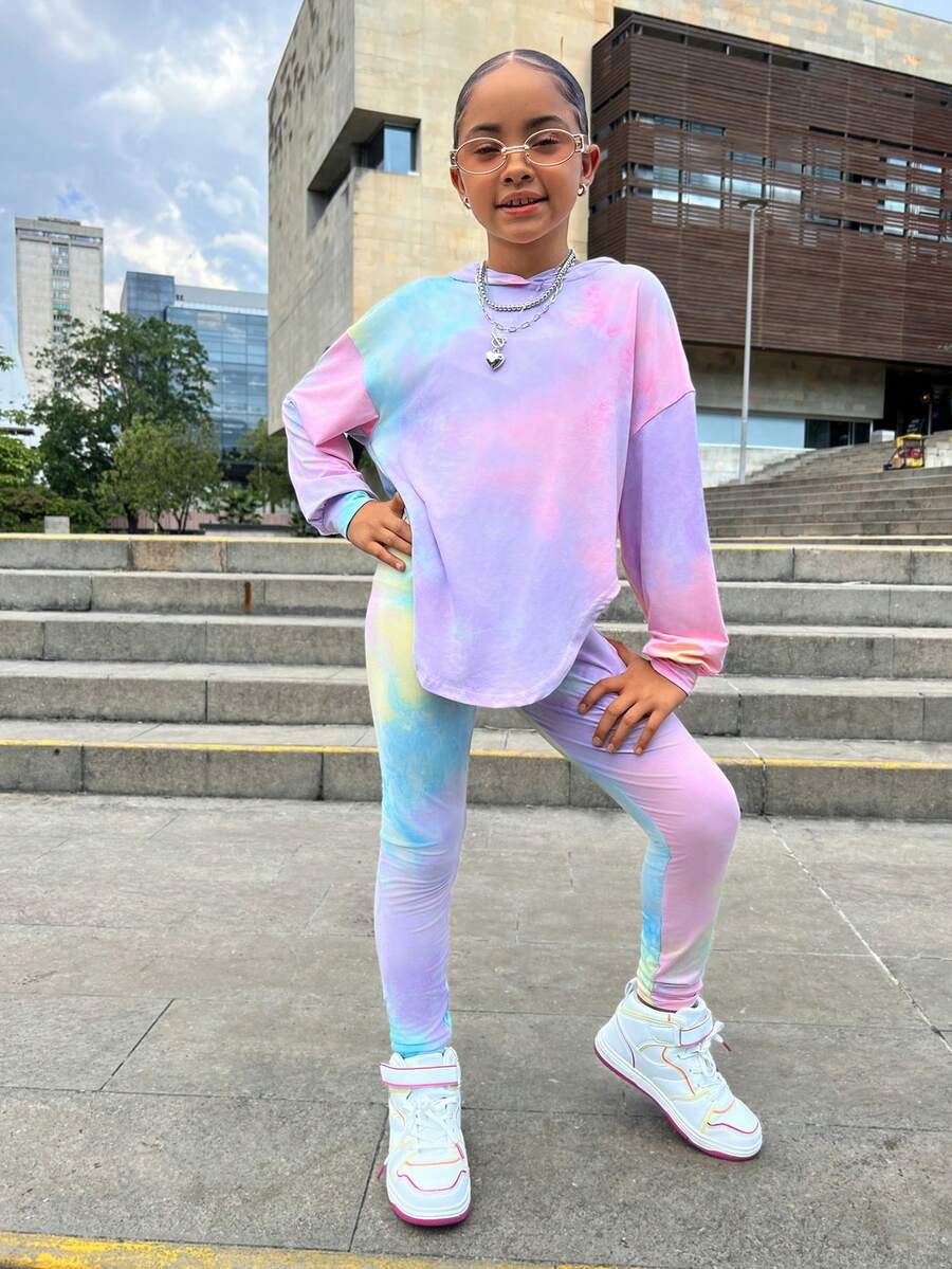 SHEIN 青少年女孩扎染不对称下摆落肩连帽衫和紧身裤两件套，舒适，适合日常休闲穿着和上学、街头风格、Y2K、秋冬 - 彩色 - 查看 1