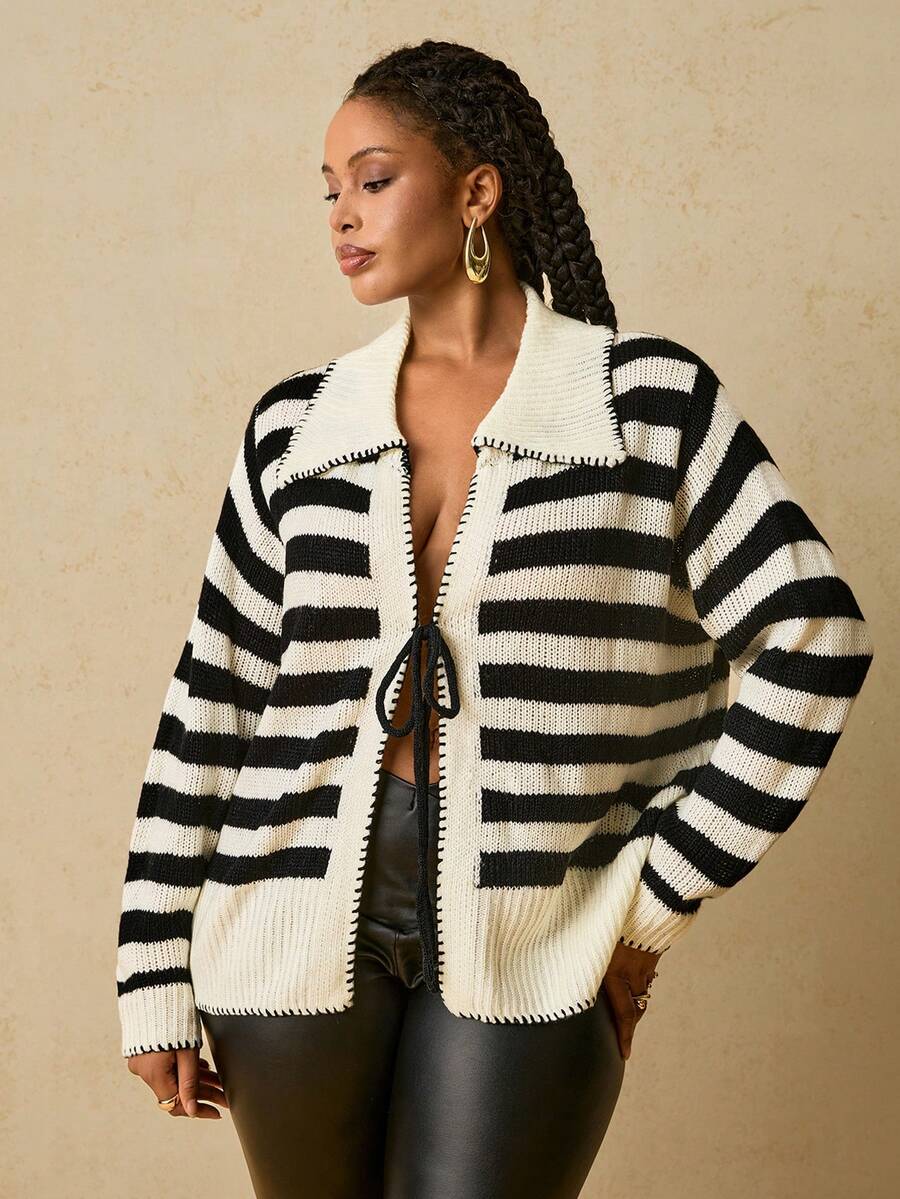 SHEIN VCAY Plus Size Striped Pattern Twist Front Casual Long Sleeve Cardigan/Winter - Black and White - View 1