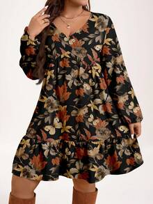 EMERY ROSE Plus Size Women Floral Print V-Neck Lantern Sleeve Ruffle Hem Casual Loose Dress - Multicolor - View 4