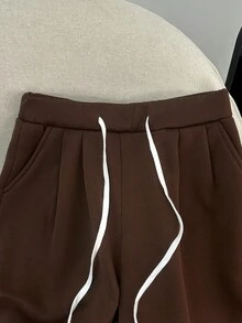 SHEIN Franclia 女士休闲褶皱保暖内衬运动裤，适合通勤休闲，秋冬季 - 咖啡棕 - 查看 5