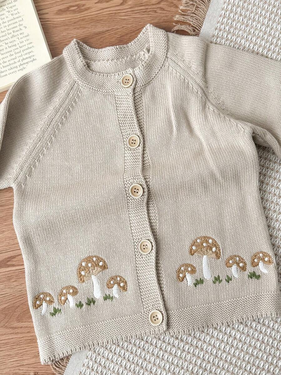 Baby Girl Mushroom Pattern Raglan Sleeve Single-Breasted Casual Knit Cardigan, Cozy Fall & Winter Styles, Sweaters, Christmas Sweater, Baby Girl Clothes - Apricot - View 1