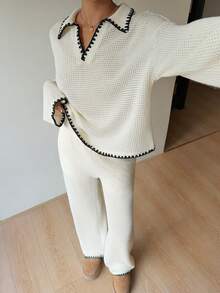 Siren Gaze 女款純色對比飾邊 Polo 領長袖 T 恤與休閒長褲套裝，黑白配色，秋季，優雅，早午餐，聖誕家庭睡衣 - 杏色 - 查看 10