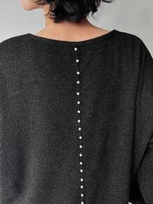 FRIFUL 女士纯色圆领落肩长袖T恤，背面饰有砖块图案，侧边开衩下摆，宽松休闲百搭，适合秋冬季穿着。 - 黑色 - 查看 5