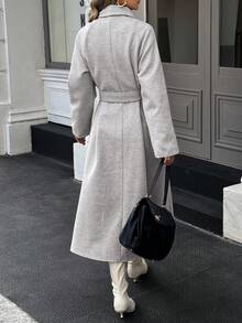 Xyvia 秋冬女装休闲高领纽扣腰带中长款毛呢大衣，老钱风女装/女士办公装/外出装，女士秋装 - 淺灰色 - 查看 2