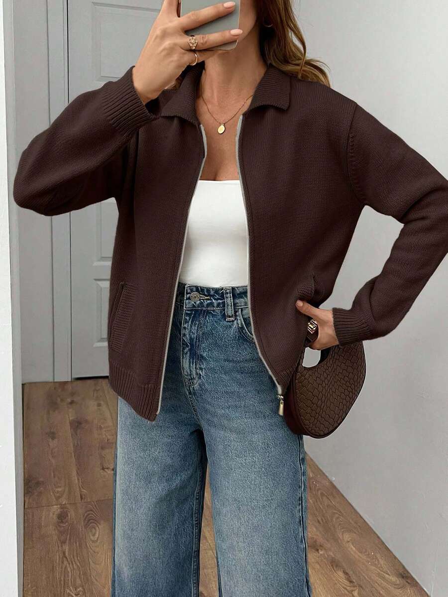 SHEIN Women Polo Neck Zipped Pocket Cardigan - Brown - View 1