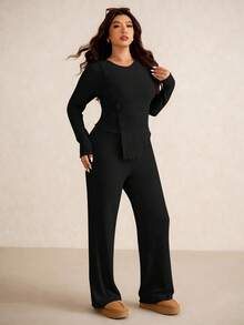Elaquor Plus Size Women Solid Color Round Neck Long Sleeve Ribbed T-Shirt And Pants Casual 2 Pieces Set/ Spring - Black - View 5