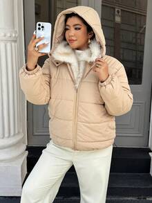 Easura 连帽毛领拼布拉链抽绳常规棉服 - 卡其色 - 查看 4