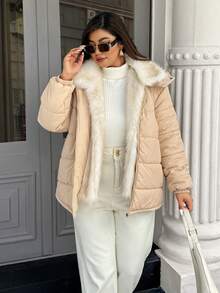 Easura 连帽毛领拼布拉链抽绳常规棉服 - 卡其色 - 查看 7