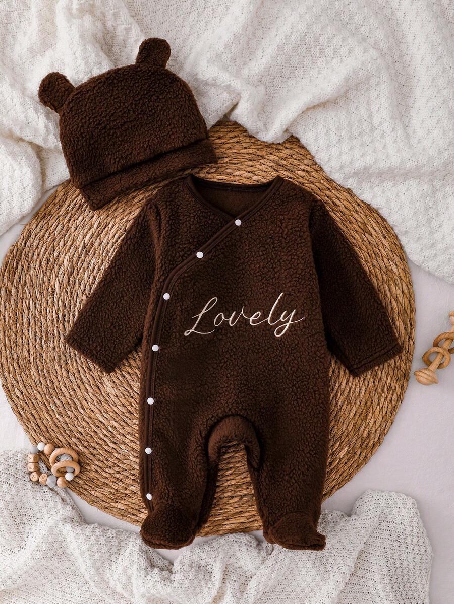 Conjunto de ropa para recién nacido, pijama suave de felpa, pelele con bordado en inglés lindo, mono de manga larga con pies y gorro adorable con orejas de oso, set de 2 piezas, ropa casual para el hogar para otoño/invierno - Café integral - Ver 1