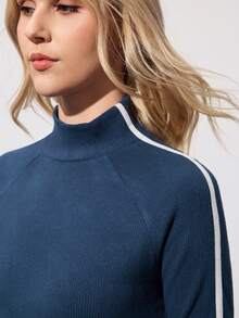 CourtClass Women's Autumn/Winter Fleece Ribbed Contrast Tape Fitted Long Sleeve Sporty Casual Golf Polo Shirt Golf Tops For Woman Long Sleeve Tops Tennis Top Long Sleeve Tops For Women Golf Shirt Tennis Dress Long Sleeve Tennis Tops Long Sleeve Golf Women Apparel Equestrian Clothing - Blue - View 7