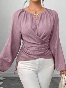 Elenzga Women's Beaded Wrap-Style Cinched Waist Shirt, Autumn/Winter - Baby Pink - View 4