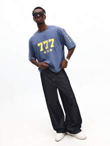 SUMWON 落肩长袖 T 恤宽松版型校园风数字星星印花休闲 - 寶藍色 - 查看 4