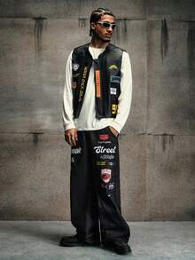 AXEPEAK Men's Casual Printed Pocket Loose Pants - Black - View 6