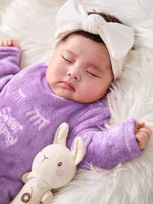 SHEIN 新生女婴可爱紫色字母与毛绒设计长袖上衣和松紧腰裤两件套，秋冬 - 淡紫色 - 查看 5