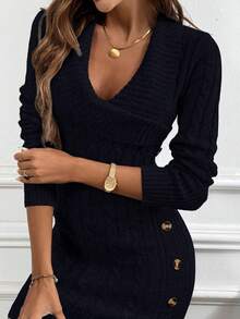 EMERY ROSE Collared Knit Long Sleeve Comfortable Sweater Dress - Navy Blue - View 7