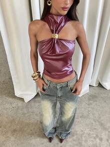 Aloruh 女士夏季时尚街头风PU皮革垂褶领口修身露背上衣，适合秋季返校季，时尚百搭，适合音乐会、锐舞派对、乡村音乐节、伊比沙岛、纳什维尔等场合，西部牛仔风，波西米亚风，街头风，热带辣妹风，可爱夏季上衣，酒红色露背皮革上衣，正面饰有金属纽扣 - 酒紅色 - 查看 5
