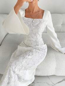 Siren Gaze Women's Elegant Party Sequin Patchwork Flare Sleeve Dress Winter New Year White