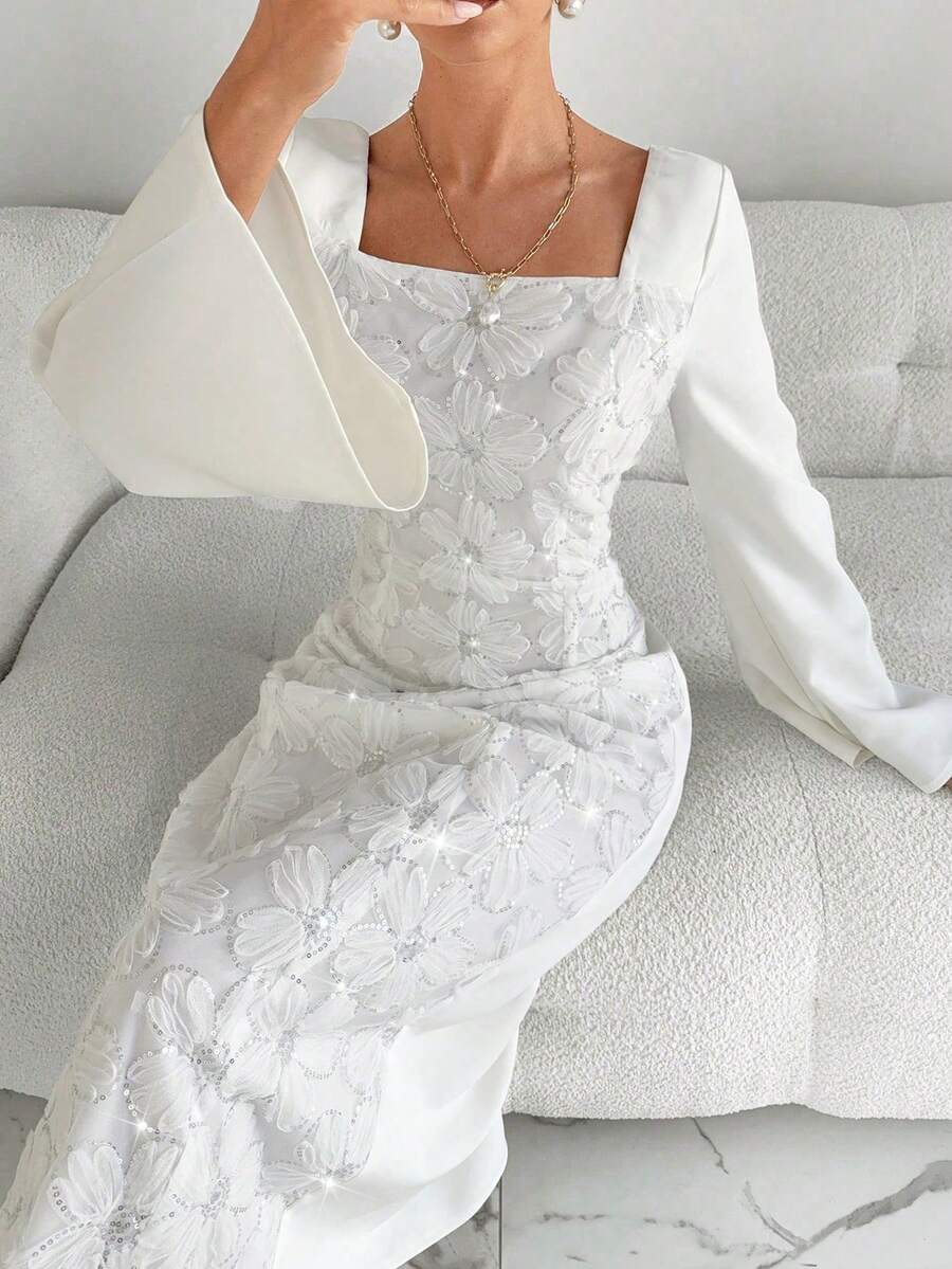 Siren Gaze Women's Elegant Party Sequin Patchwork Flare Sleeve Dress Winter New Year White