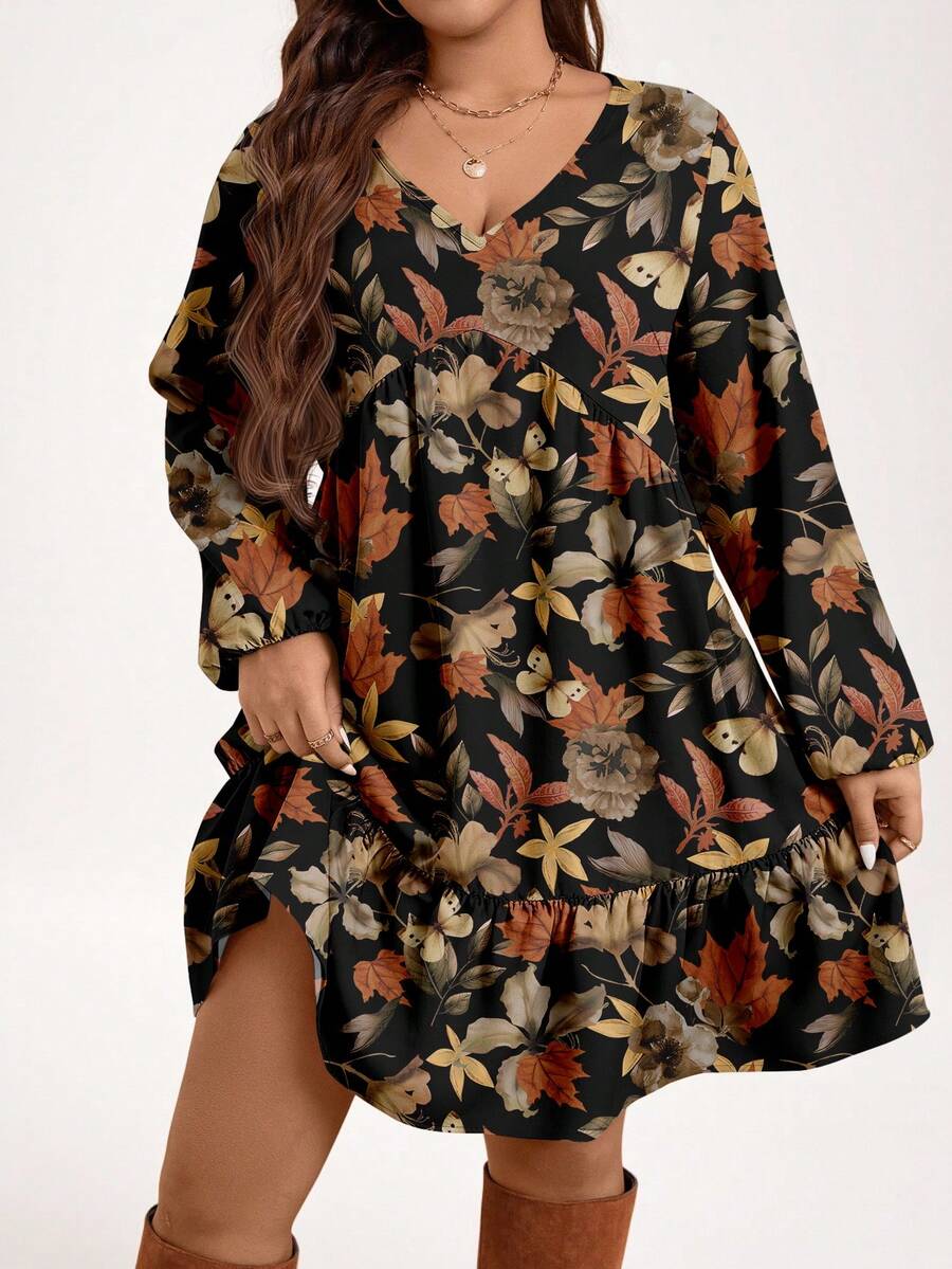 EMERY ROSE Plus Size Women Floral Print V-Neck Lantern Sleeve Ruffle Hem Casual Loose Dress - Multicolor - View 1