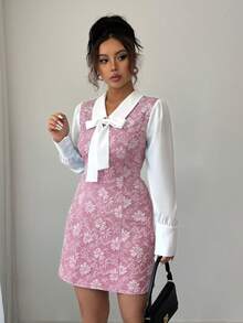 Elenzga 女式拼色蝴蝶结装饰二合一优雅浪漫连衣裙 - 粉色 - 查看 6