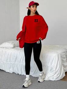 SHEIN EZwear 2 件套休闲宽松圆领运动衫和紧身打底裤，23 号，街头服饰，复古，返校，复古，秋季女士休闲装，秋冬，校服，乡村，嘻哈，街头服饰，运动，健身，健身房 - 彩色 - 查看 4