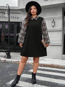 SHEIN LUNE 大码女式秋冬格子图案撞色袖衬衫领长袖休闲连衣裙感恩节装扮节日派对连衣裙女式派对连衣裙 - 巧克力棕 - 查看 3
